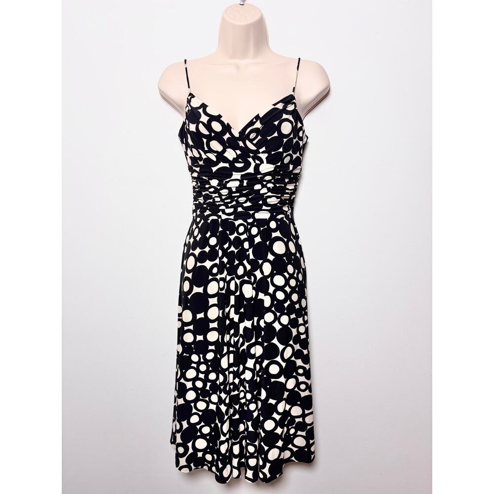 Anne Klein Mod Dress Fit and Flare Ruched Bust Black and White Circular Pattern - Picture 2 of 5